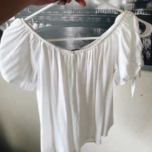 white strapless peasant top with tied sleeves